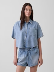Gap Light Wash UltraSoft Denim Oversized Short Sleeve Shirt - Image 1 of 4