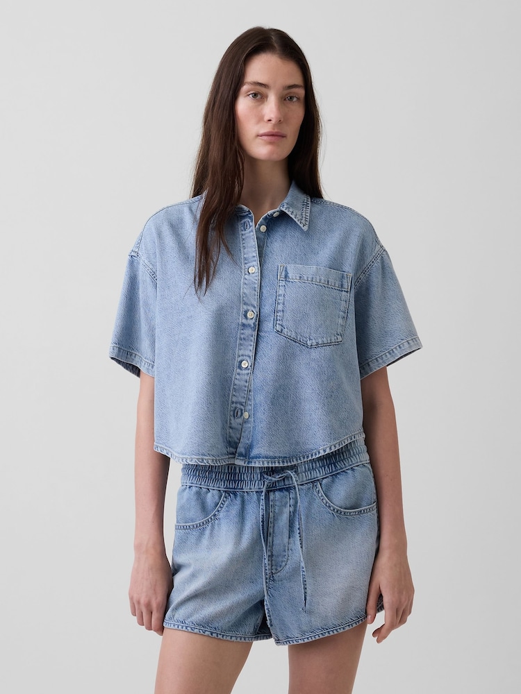 Gap Light Wash UltraSoft Denim Oversized Short Sleeve Shirt - Image 1 of 4