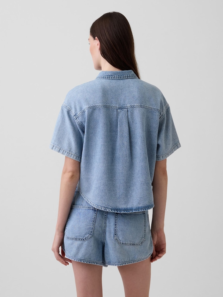 Gap Light Wash UltraSoft Denim Oversized Short Sleeve Shirt - Image 2 of 4