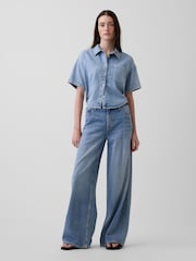 Gap Light Wash UltraSoft Denim Oversized Short Sleeve Shirt - Image 3 of 4