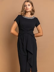 Roman Black Embellished Twist Waist Midi Dress - Image 3 of 4