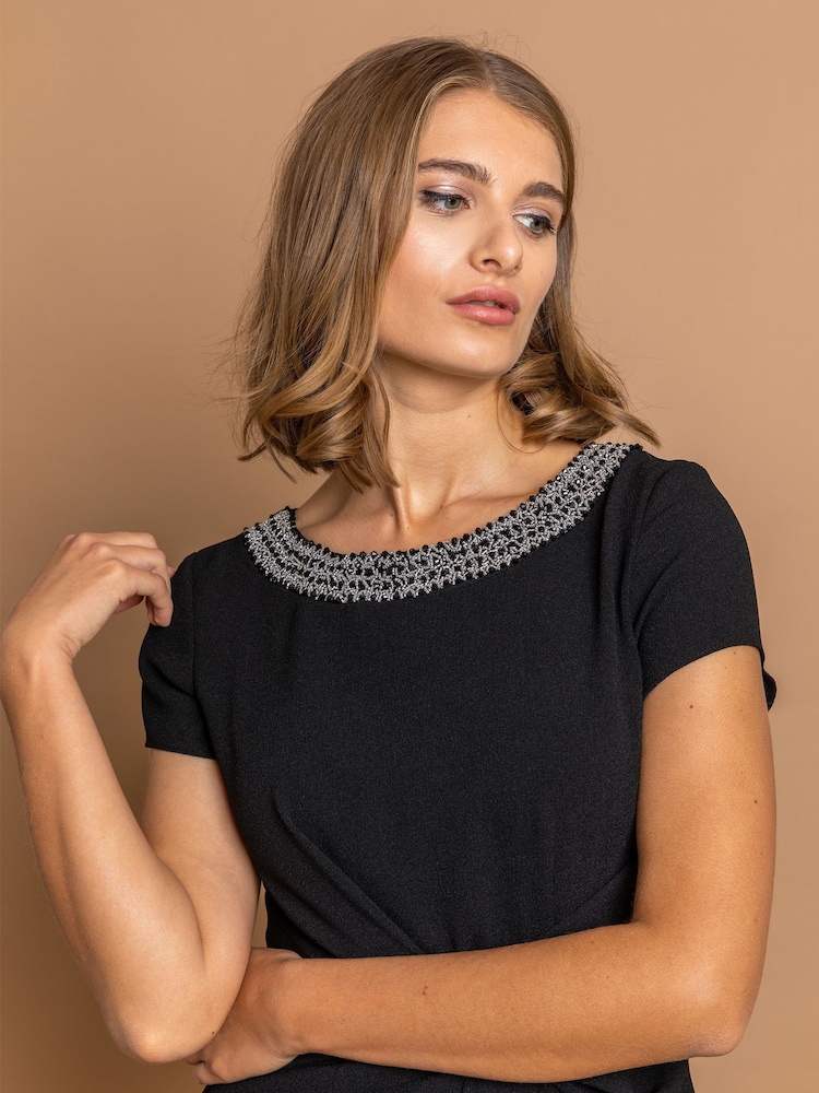 Roman Black Embellished Twist Waist Midi Dress - Image 4 of 4