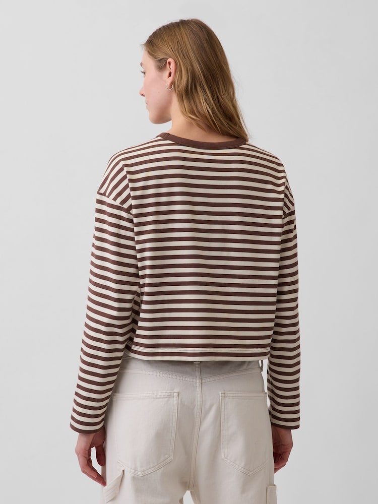 Gap Brown/White Stripe Knit Oversized Crop Long Sleeve T-shirt - Image 2 of 4
