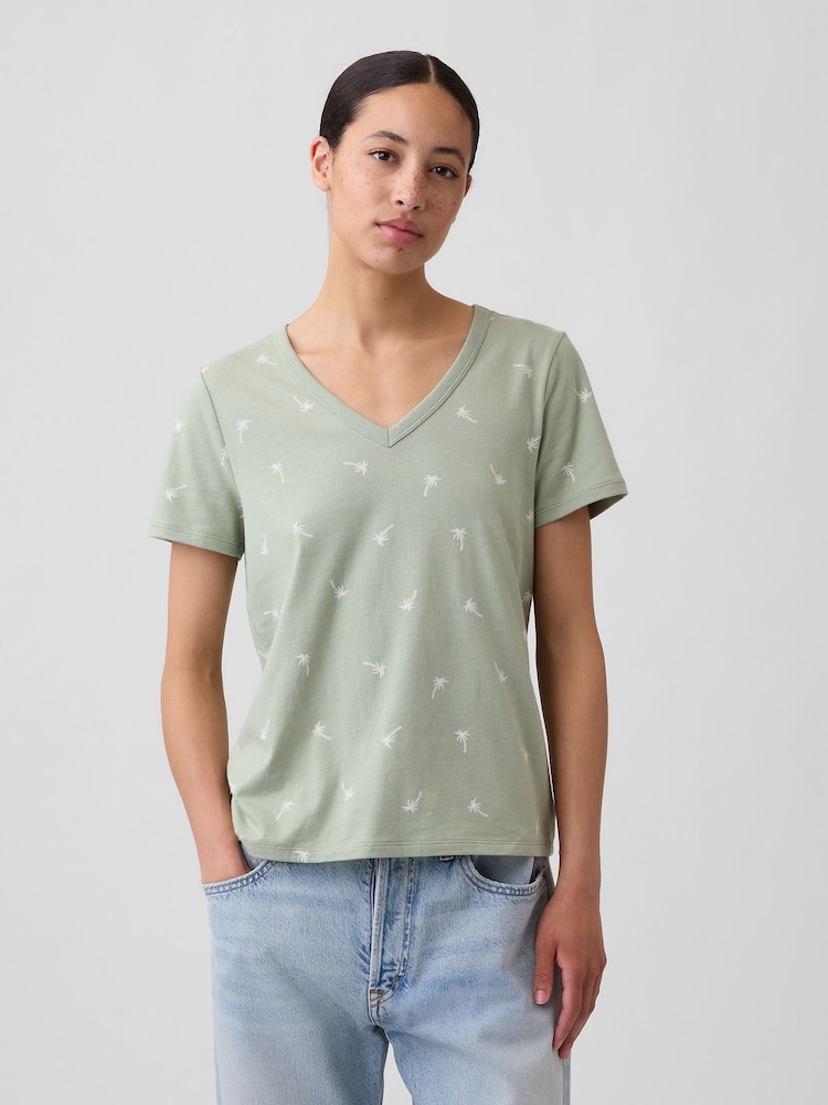 Gap Green Palm Favorite Print V-Neck Short Sleeve T-Shirt - Image 1 of 5 Gap Green Palm Favorite Print V-Neck Short Sleeve T-Shirt - Image 1 of 5