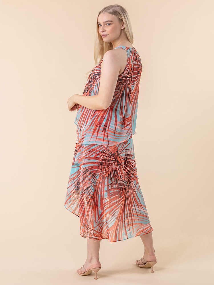 Roman Aqua Blue Layered Chiffon Tropical Print Dress - Image 2 of 4