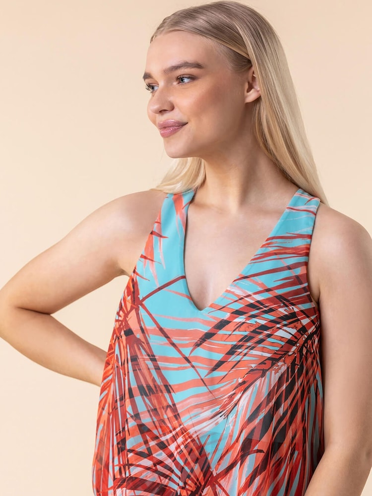 Roman Aqua Blue Layered Chiffon Tropical Print Dress - Image 4 of 4