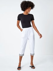 Roman White Contrast Detail Cropped Stretch Trousers - Image 3 of 5