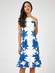 Roman White Floral Border Print Frill Hem Scuba Dress - Image 1 of 5