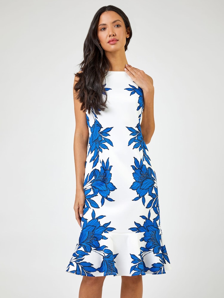 Roman White Floral Border Print Frill Hem Scuba Dress - Image 1 of 5