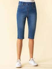 Roman Blue Denim Stretch Knee Length Pedal Pusher Shorts - Image 1 of 4
