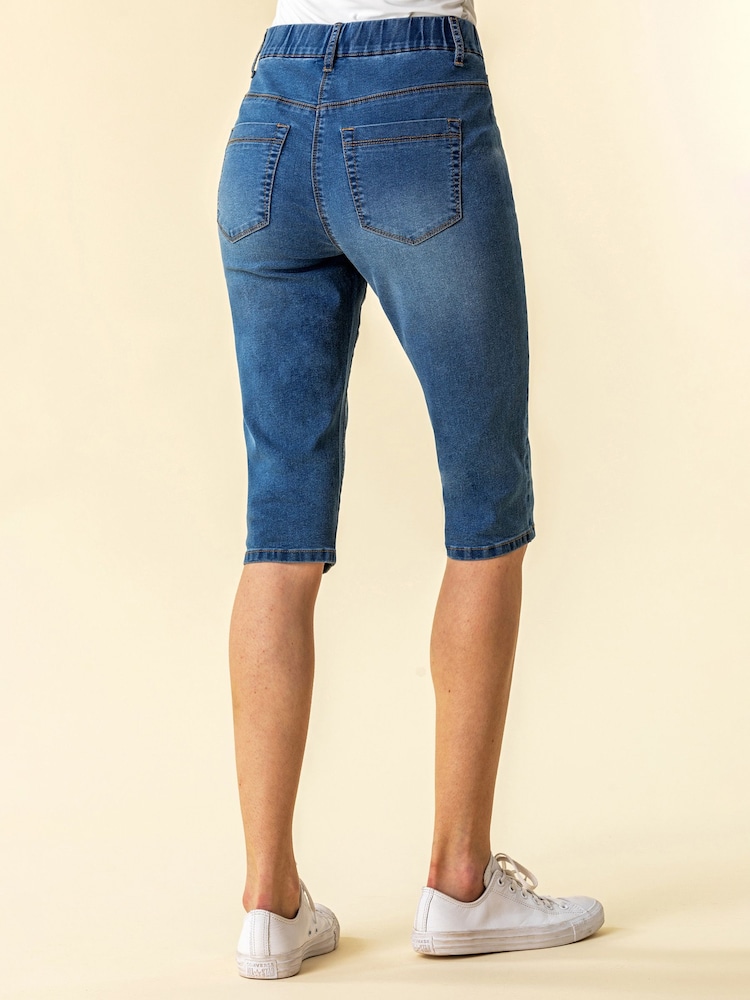Roman Blue Denim Stretch Knee Length Pedal Pusher Shorts - Image 2 of 4