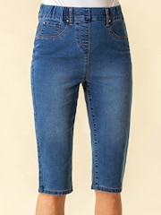 Roman Blue Denim Stretch Knee Length Pedal Pusher Shorts - Image 4 of 4