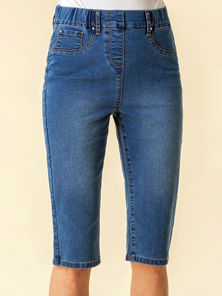 Roman Blue Denim Stretch Knee Length Pedal Pusher Shorts - Image 4 of 4