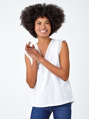 Roman White Sleeveless Lace Trim 100% Cotton Top - Image 1 of 5