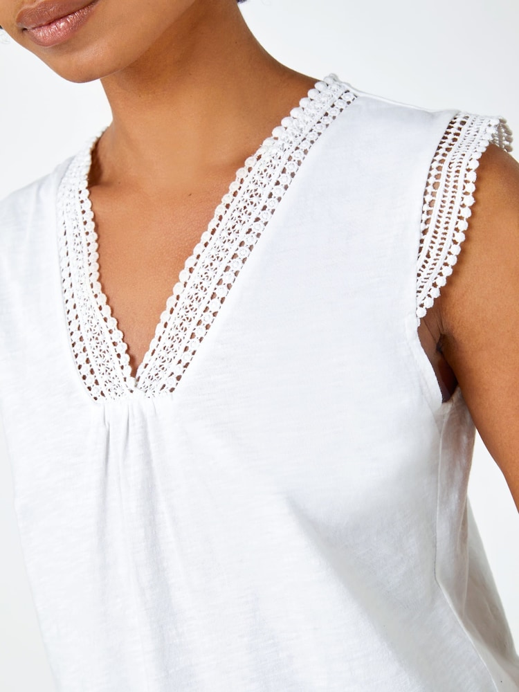 Roman White Sleeveless Lace Trim 100% Cotton Top - Image 5 of 5 Roman White Sleeveless Lace Trim 100% Cotton Top - Image 5 of 5