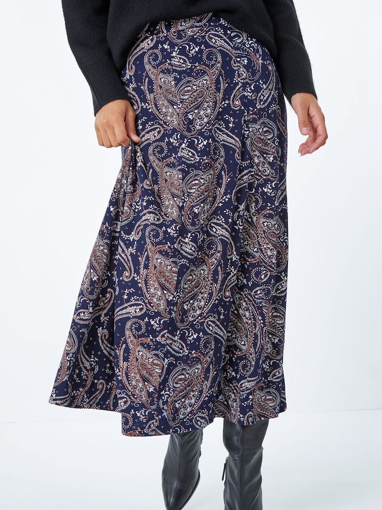 Roman Blue Paisley Print Stretch Midi Skirt - Image 1 of 5