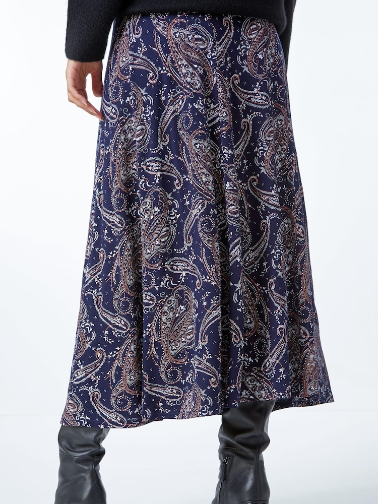 Roman Blue Paisley Print Stretch Midi Skirt - Image 2 of 5