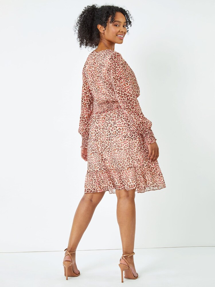 Roman Pink Petite Animal Tiered Chiffon Frill Dress - Image 2 of 5