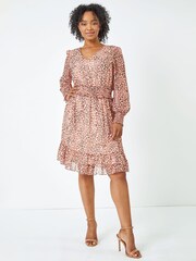 Roman Pink Petite Animal Tiered Chiffon Frill Dress - Image 3 of 5