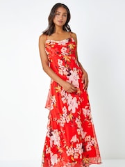 Roman Red Floral Cowl Neck Chiffon Dress - Image 1 of 5