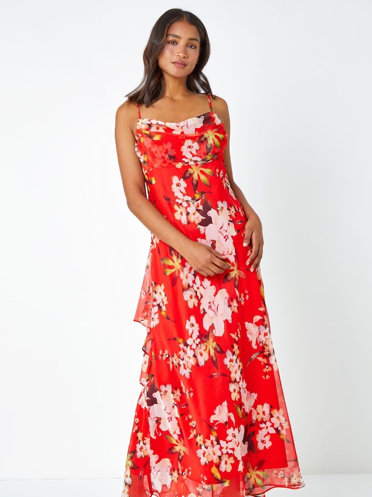 Roman Red Floral Cowl Neck Chiffon Dress - Image 1 of 5