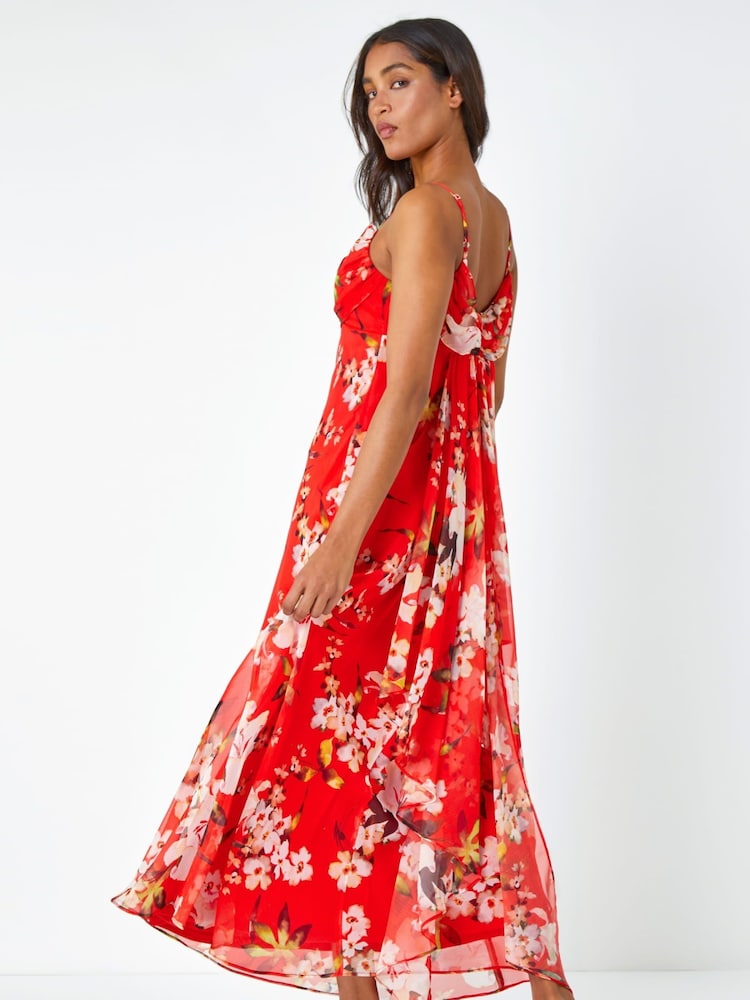 Roman Red Floral Cowl Neck Chiffon Dress - Image 2 of 5