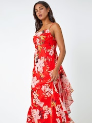 Roman Red Floral Cowl Neck Chiffon Dress - Image 4 of 5