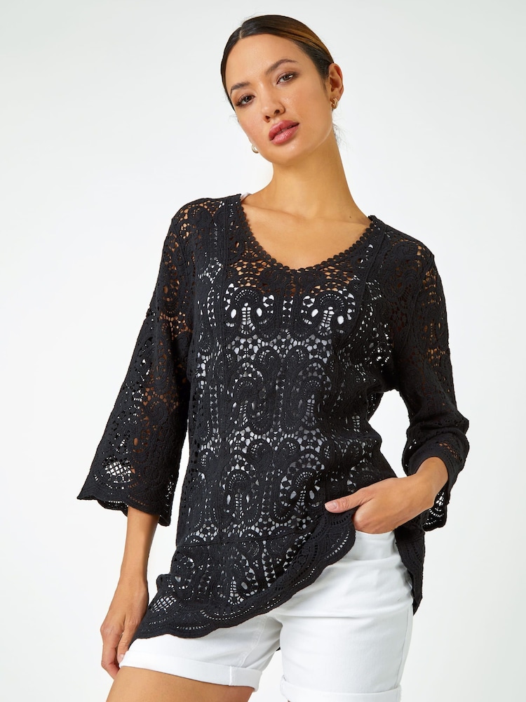 Roman Black Crochet V-Neck 3/4 Sleeve 100% Cotton Tunic Top - Image 1 of 5