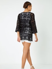 Roman Black Crochet V-Neck 3/4 Sleeve 100% Cotton Tunic Top - Image 3 of 5