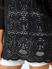 Roman Black Crochet V-Neck 3/4 Sleeve 100% Cotton Tunic Top - Image 5 of 5