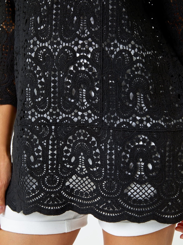 Roman Black Crochet V-Neck 3/4 Sleeve 100% Cotton Tunic Top - Image 5 of 5