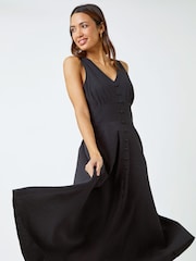 Roman Black Textured Stripe Button Detail Midi 100% Cotton Dress - Image 1 of 5