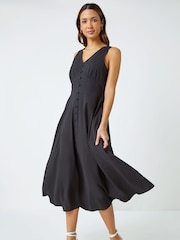 Roman Black Textured Stripe Button Detail Midi 100% Cotton Dress - Image 3 of 5