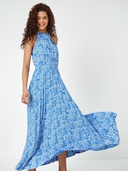Roman Blue Ditsy Floral Halter Neck Maxi Dress - Image 1 of 5