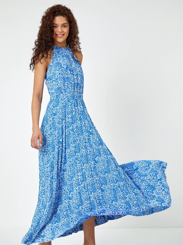 Roman Blue Ditsy Floral Halter Neck Maxi Dress - Image 1 of 5