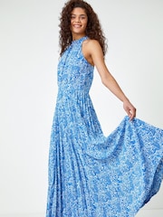 Roman Blue Ditsy Floral Halter Neck Maxi Dress - Image 3 of 5