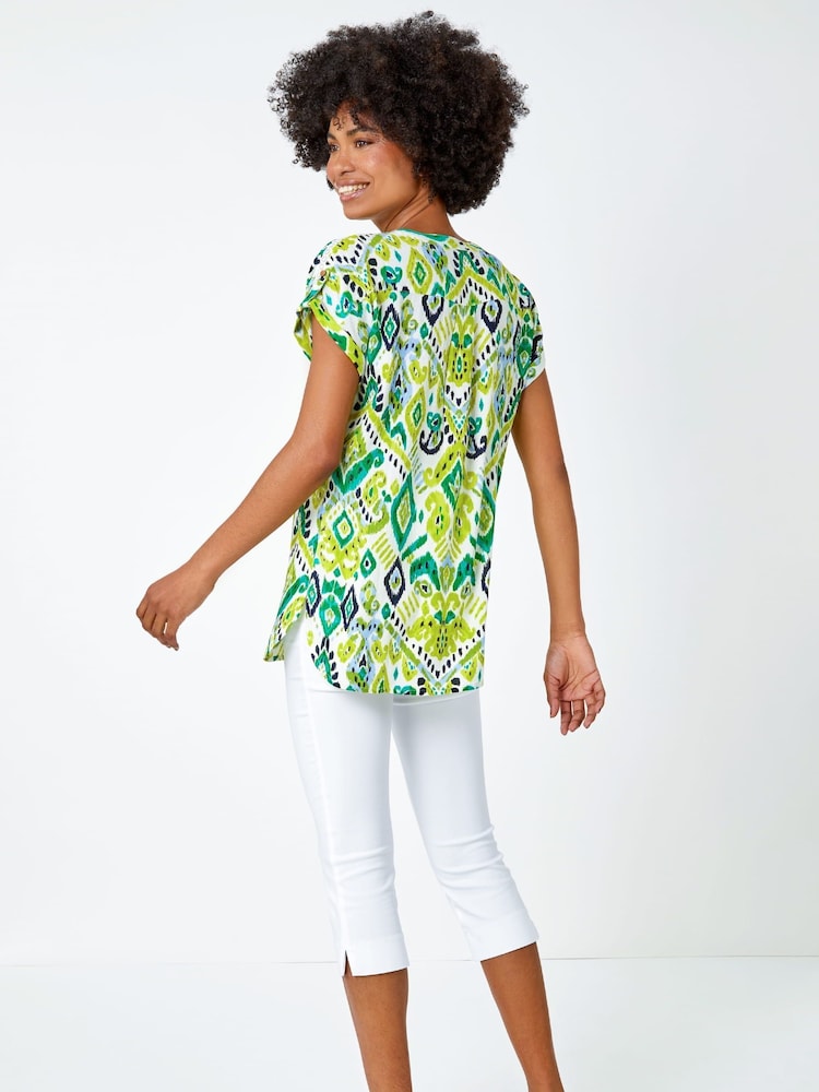 Roman Green Multi Aztec Aztec Style Print Button Detail Top - Image 2 of 5