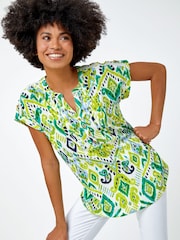 Roman Green Multi Aztec Aztec Style Print Button Detail Top - Image 3 of 5