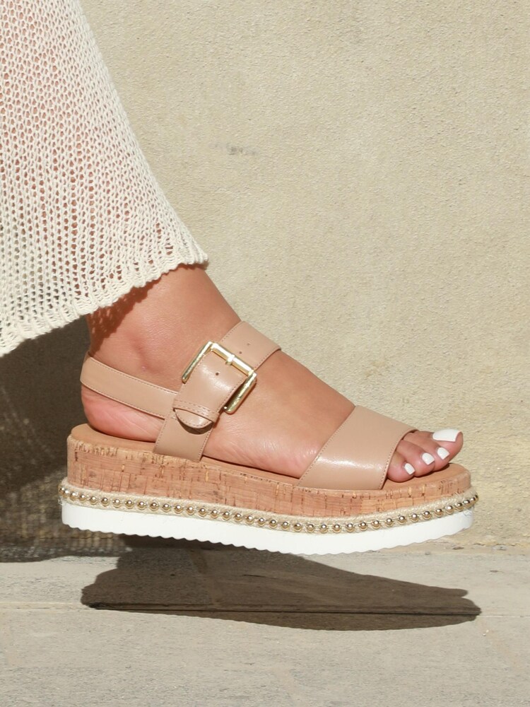 Linzi Brown Cancun Cork Flatform Wedges Sandals With Beaded Trim - Image 1 of 4 Linzi Brown Cancun Cork Flatform Wedges Sandals With Beaded Trim - Image 1 of 4