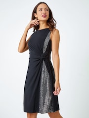 Roman Black Side Twist Sleeveless Glitter Dress - Image 1 of 5