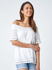 Roman White Lace Detail Shirred Bardot Top - Image 1 of 4