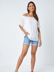 Roman White Lace Detail Shirred Bardot Top - Image 2 of 4