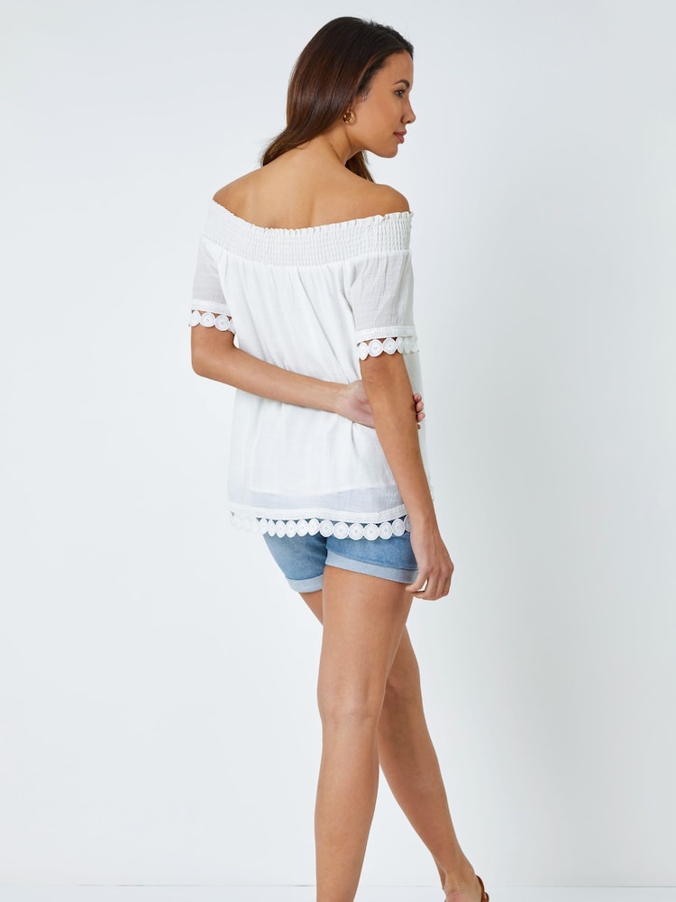 Roman White Lace Detail Shirred Bardot Top - Image 3 of 4