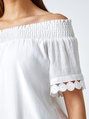Roman White Lace Detail Shirred Bardot Top - Image 4 of 4