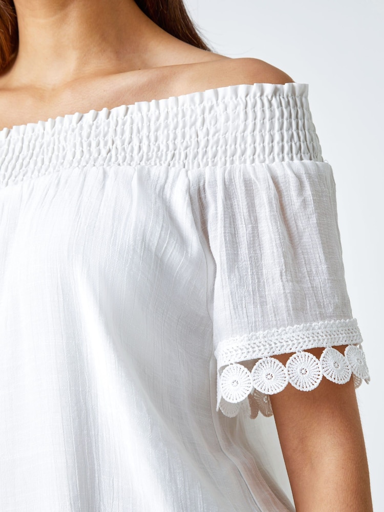 Roman White Lace Detail Shirred Bardot Top - Image 4 of 4