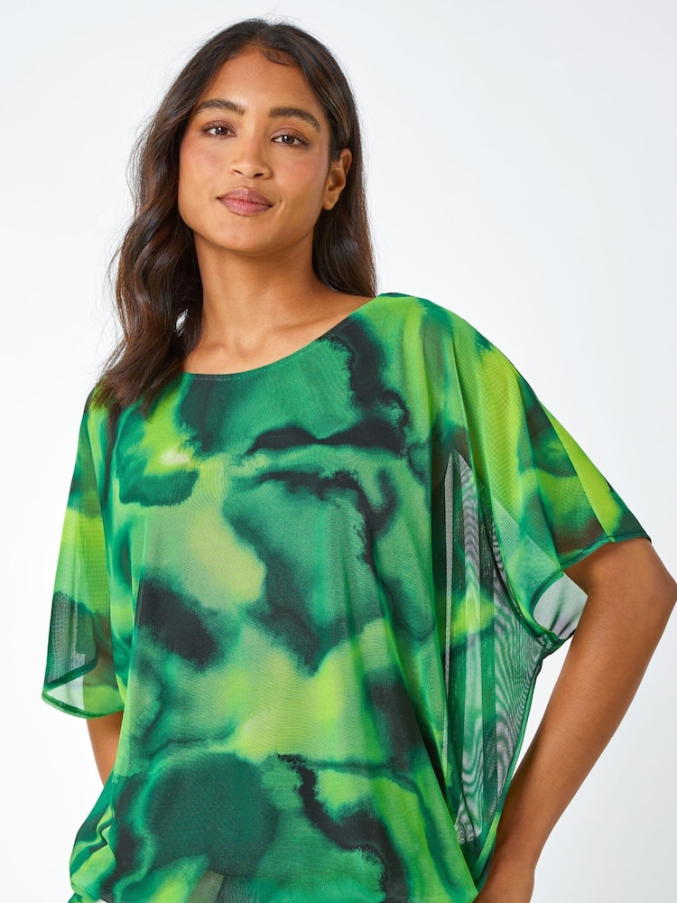 Roman Green Printed Mesh Overlay Batwing Top - Image 1 of 5