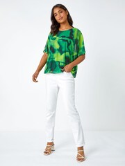 Roman Green Printed Mesh Overlay Batwing Top - Image 2 of 5