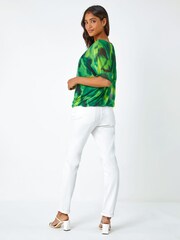Roman Green Printed Mesh Overlay Batwing Top - Image 3 of 5