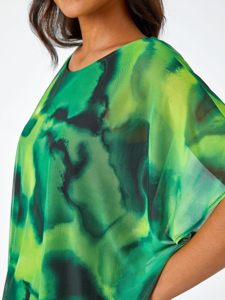 Roman Green Printed Mesh Overlay Batwing Top - Image 5 of 5