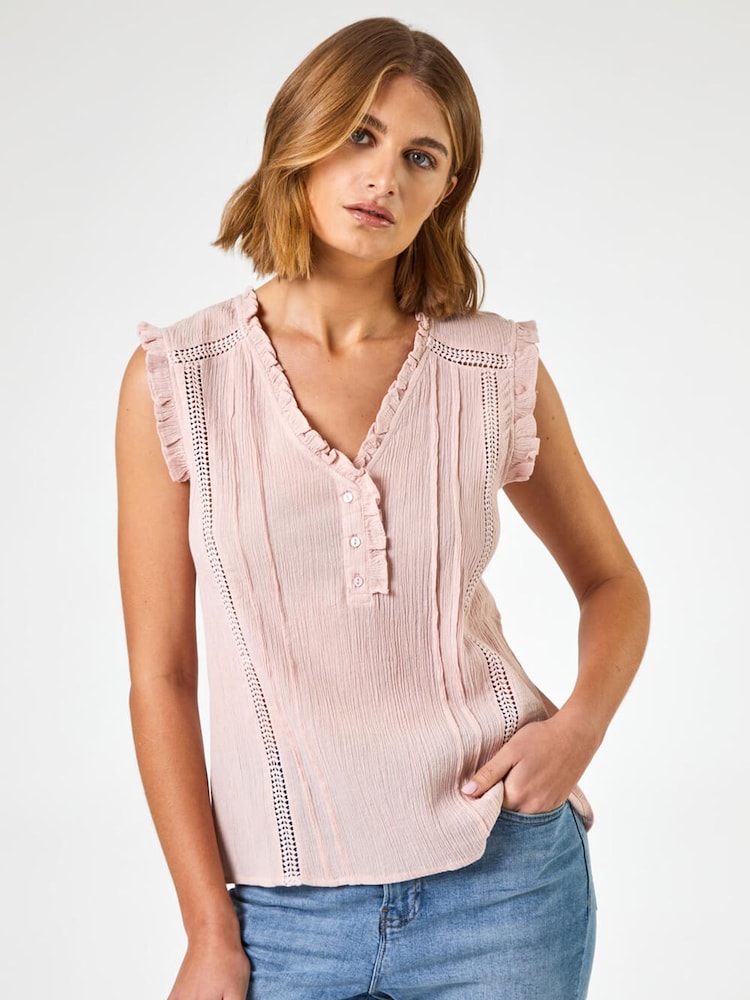 Roman Pink Ruffle Detail 100% Cotton Crinkle Top - Image 1 of 5